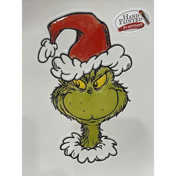 GRINCH Hand Painted Coupe 10” Dinner Plate Platter by Zrike Christmas Santa Hat - Picture 3 of 6